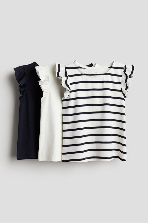 H&M 3-Pack Shirts mit Flügelärmeln Marineblau/Weiß