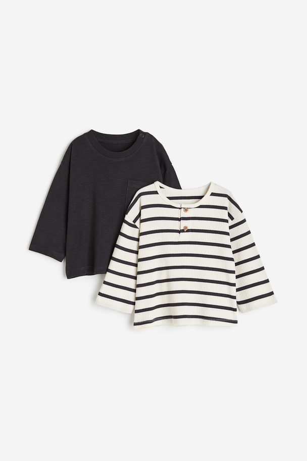 H&M 2-pack Cotton Jersey Tops Dark Grey/striped