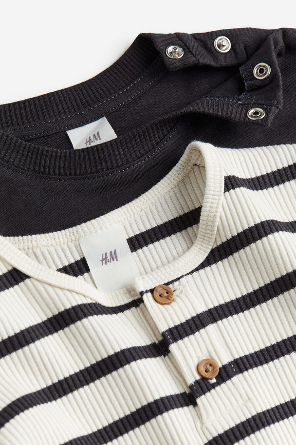 H&M 2-pack Cotton Jersey Tops Dark Grey/striped