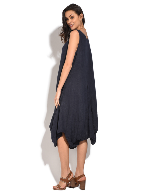 Le Jardin du Lin Fluid Long Dress With Rolled Round Collar And Pockets