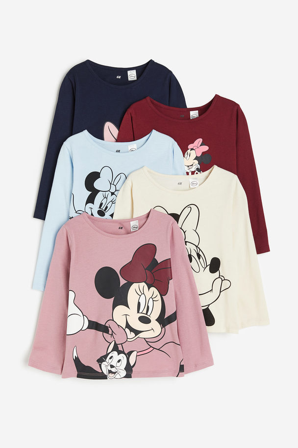 H&M 5-pack Printed Cotton Tops Pink/minnie Mouse