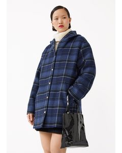 Oversized Hooded Wool Coat Blue Checks