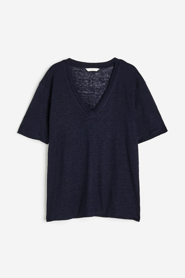 H&M V-neck Linen-jersey T-shirt Navy Blue