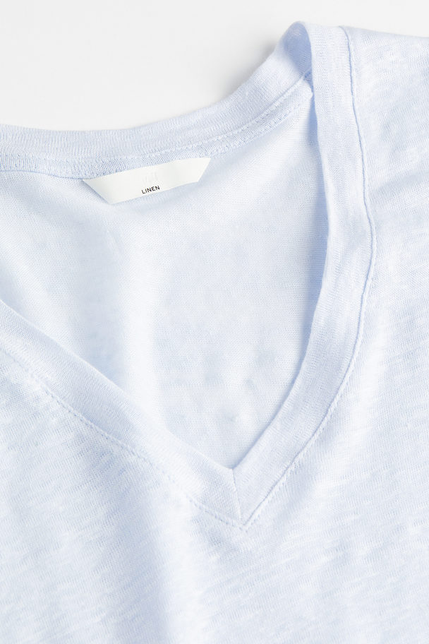 H&M V-neck Linen-jersey T-shirt Light Blue