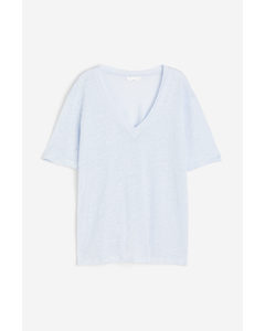 T-shirt Van Linnen Tricot Met V-hals Lichtblauw
