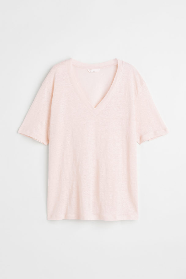 H&M V-neck Linen-jersey T-shirt Light Pink
