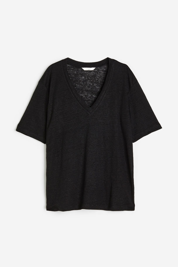 H&M V-neck Linen-jersey T-shirt Black