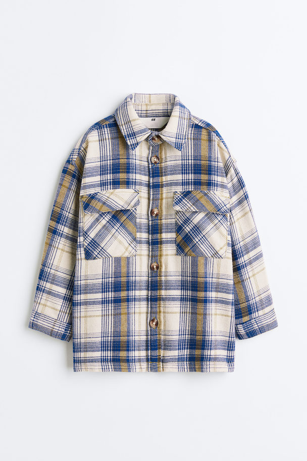 H&M Oversized Flannel Overshirt Light Beige/blue Checked