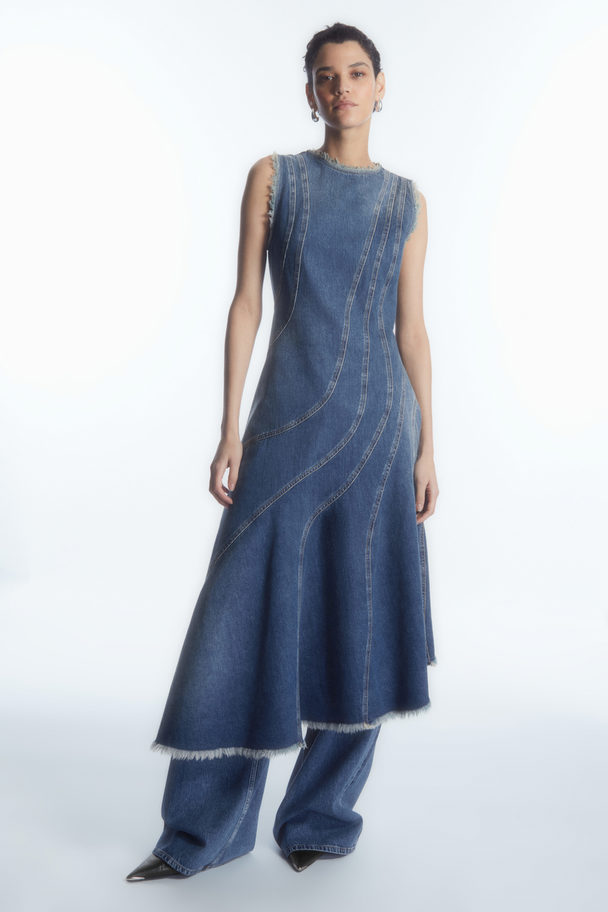 COS Asymmetric Panelled Denim Midi Dress Faded Blue