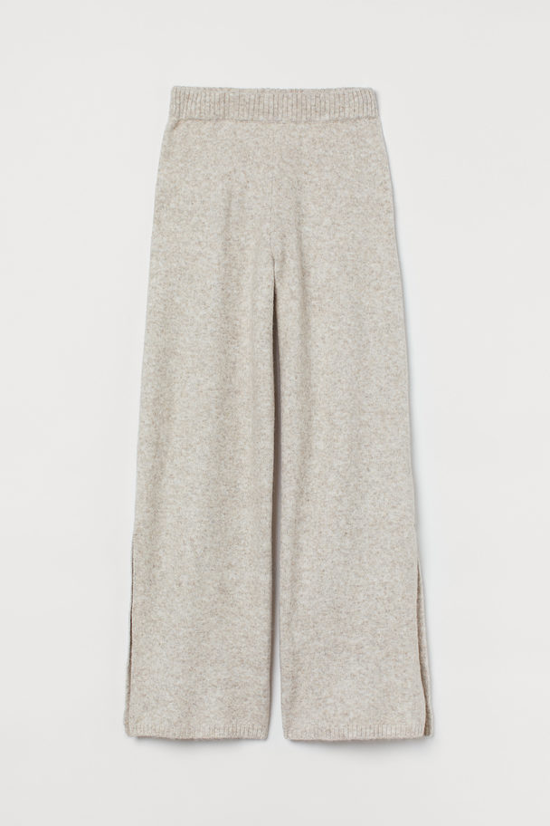 H&M Slit-hem Knitted Trousers Light Beige Marl