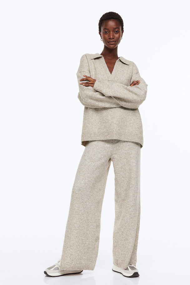 H&M Slit-hem Knitted Trousers Light Beige Marl