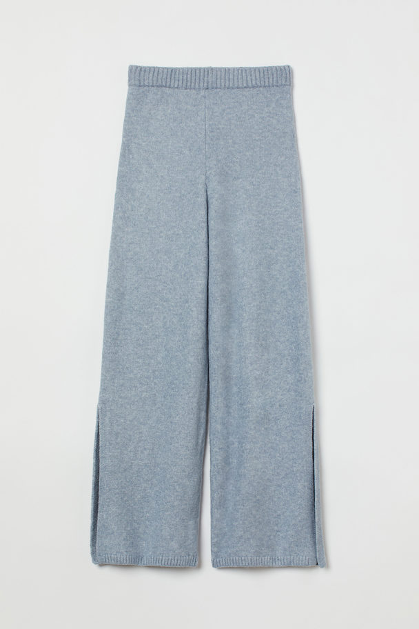 H&M Slit-hem Knitted Trousers Light Blue Marl