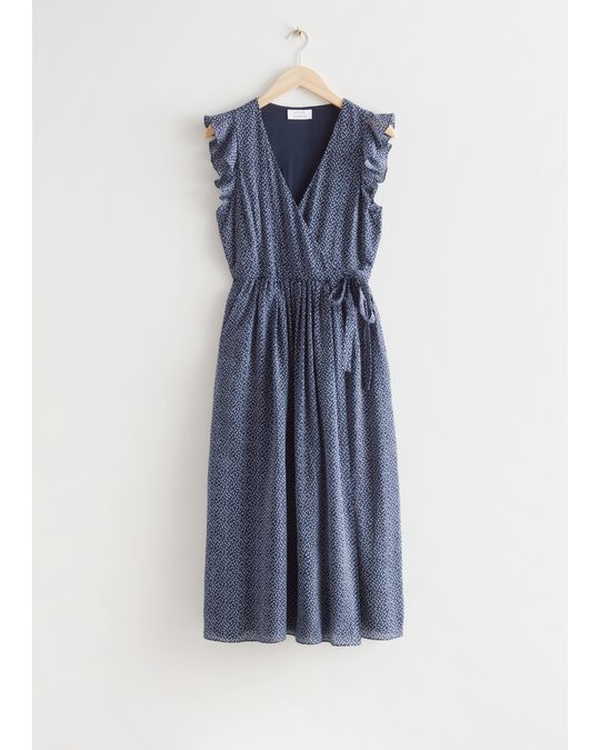 & Other Stories Ruffled Midi Wrap Dress Blue Florals