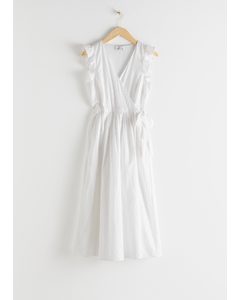 Ruffled Midi Wrap Dress White