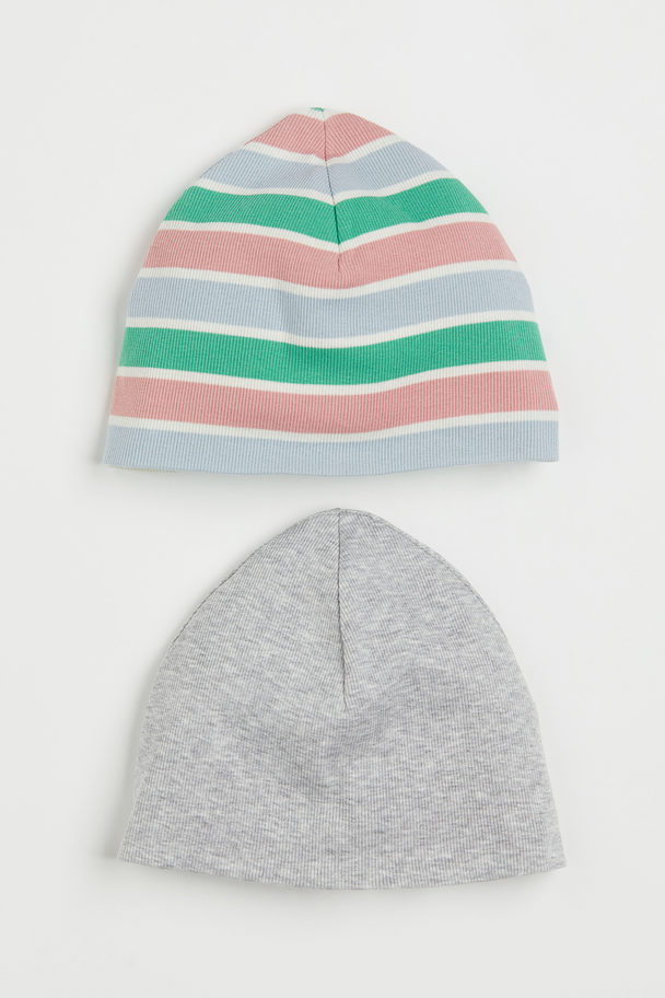 H&M 2-pack Ribbed Cotton Jersey Hats Green/striped
