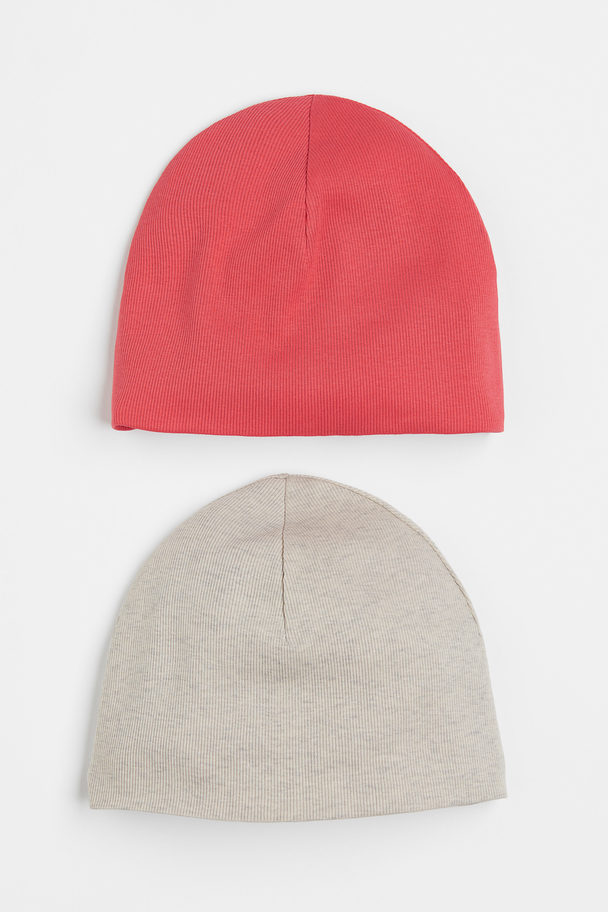 H&M 2-pack Ribbed Cotton Jersey Hats Brick Red/light Beige Marl