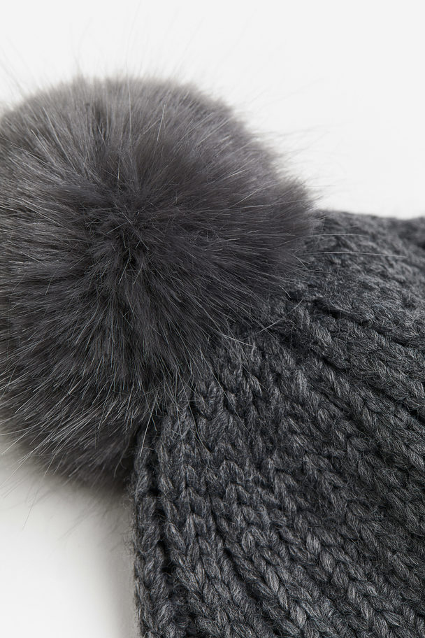 H&M Rib-knit Pompom Hat Dark Grey