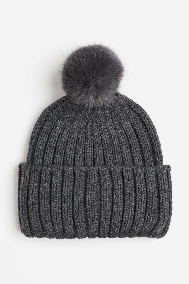 H&M Rib-knit Pompom Hat Dark Grey