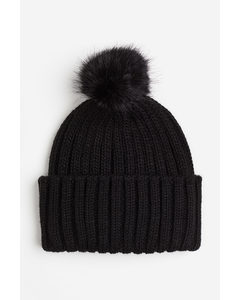 Rib-knit Pompom Hat Black
