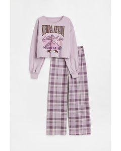 Printed Cotton Jersey Pyjamas Light Purple/checked