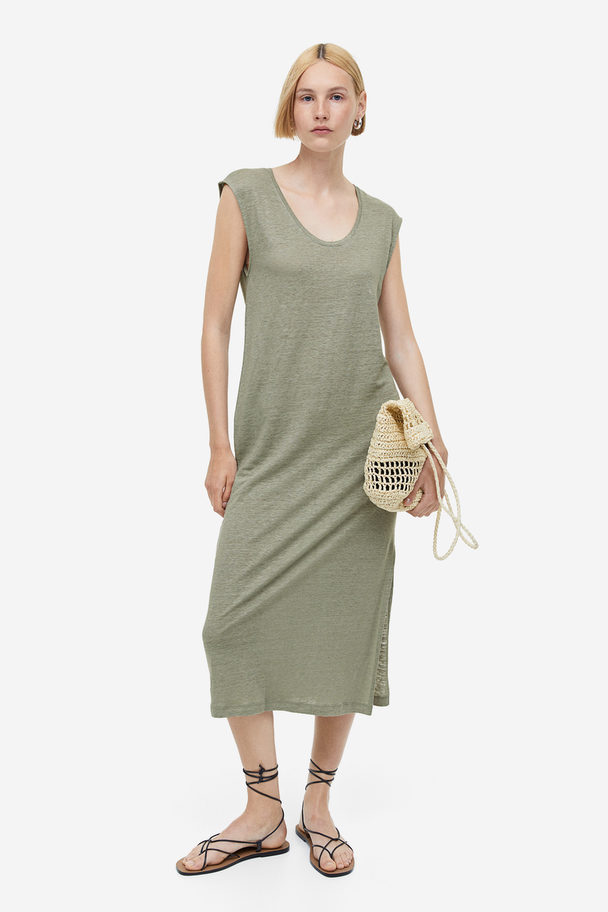 H&M Linen Jersey Dress Light Khaki Green