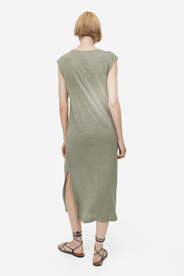 H&M Linen Jersey Dress Light Khaki Green