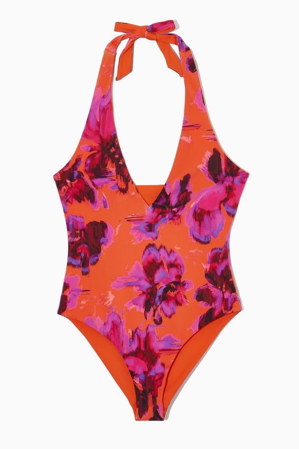 COS Reversible Printed Plunge Swimsuit Orange / Floral Print