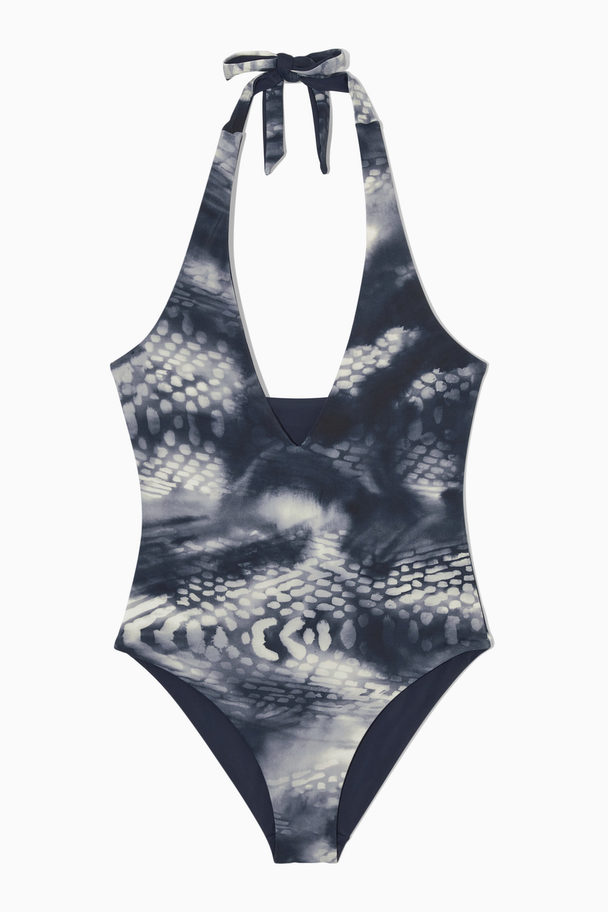 COS Reversible Printed Plunge Swimsuit Navy / Snake Print