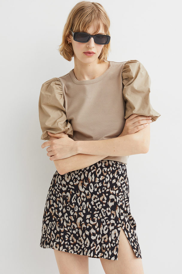 H&M Linen-blend Skirt Black/leopard Print