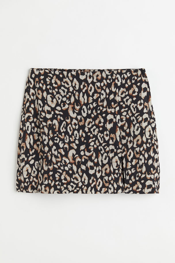 H&M Linen-blend Skirt Black/leopard Print