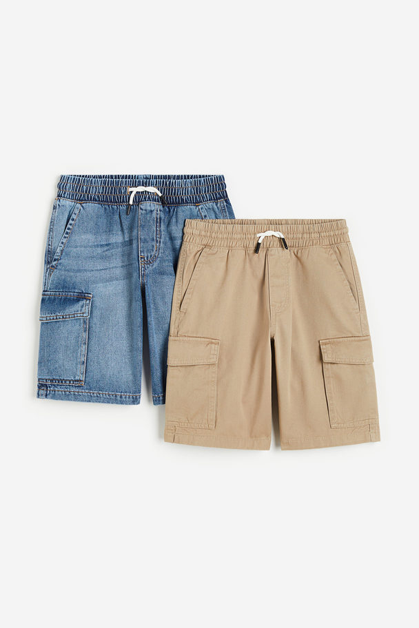 H&M 2-pack Cargo Shorts Denim Blue/beige