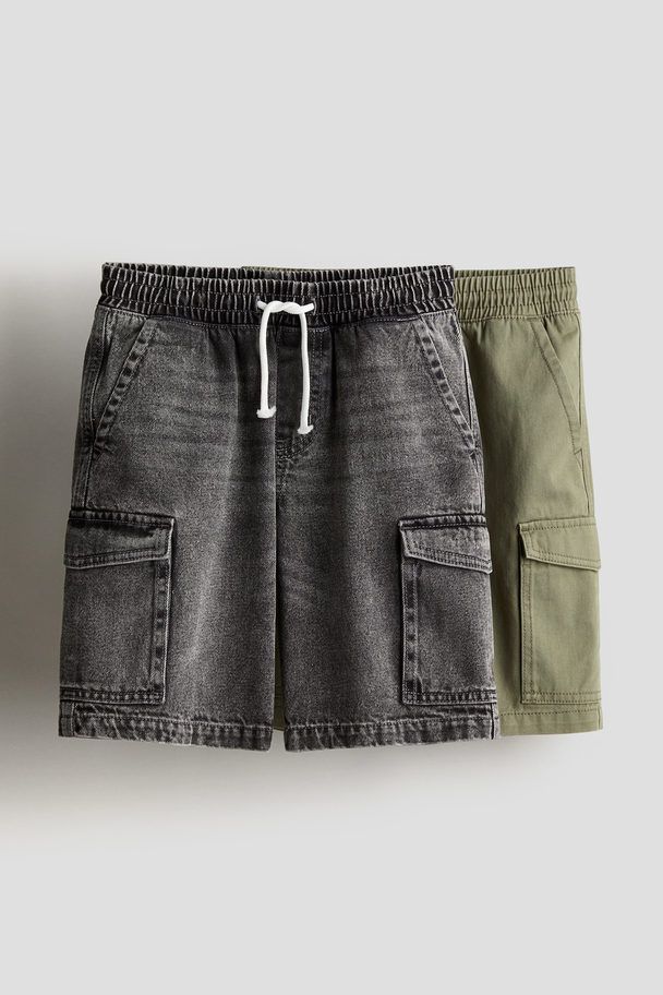 H&M 2-pack Cargo Shorts Denim Grey/khaki Green