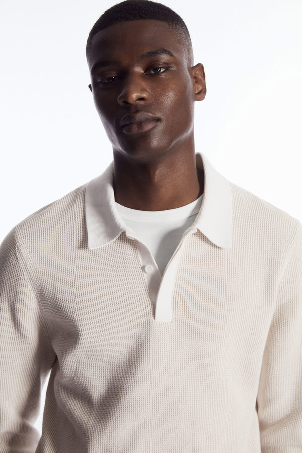 COS Contrast-trim Waffle-knit Polo Shirt Stone