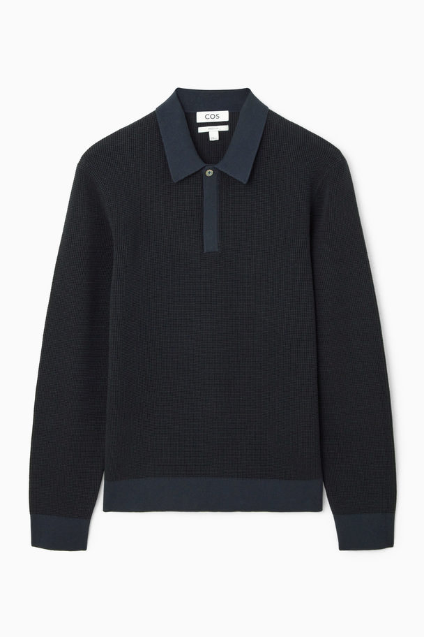 COS Contrast-trim Waffle-knit Polo Shirt Navy