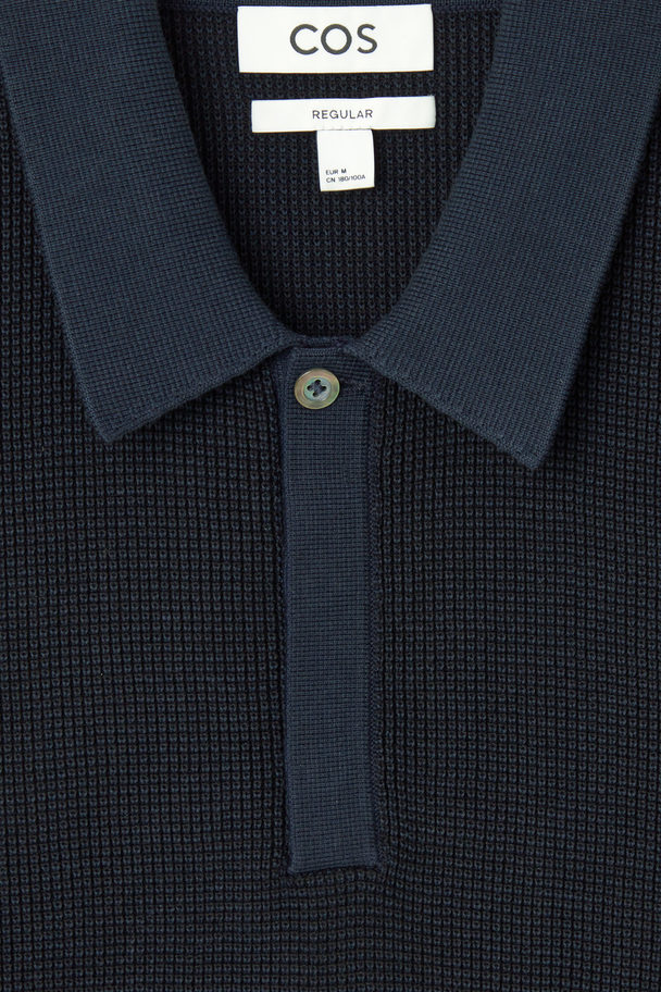 COS Contrast-trim Waffle-knit Polo Shirt Navy