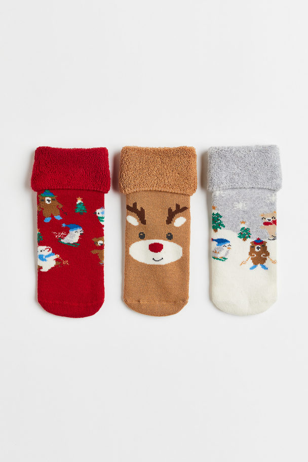 H&M 3-pack Anti-slip Socks Dark Beige/reindeer
