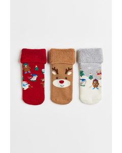 3-pack Anti-slip Socks Dark Beige/reindeer