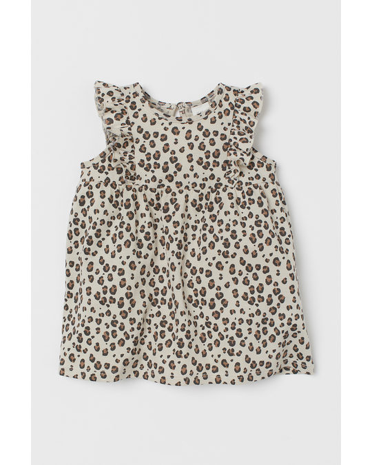 H&M Flounce-trimmed Jersey Dress Light Beige/leopard Print