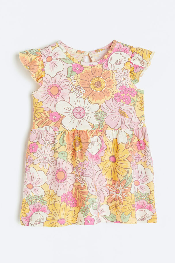 H&M Flounce-trimmed Jersey Dress Yellow/floral