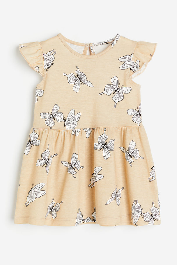 H&M Flounce-trimmed Jersey Dress Beige/butterflies