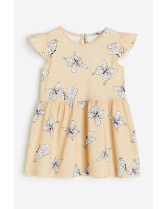 Flounce-trimmed Jersey Dress Beige/butterflies