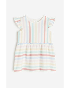 Flounce-trimmed Jersey Dress Natural White/striped