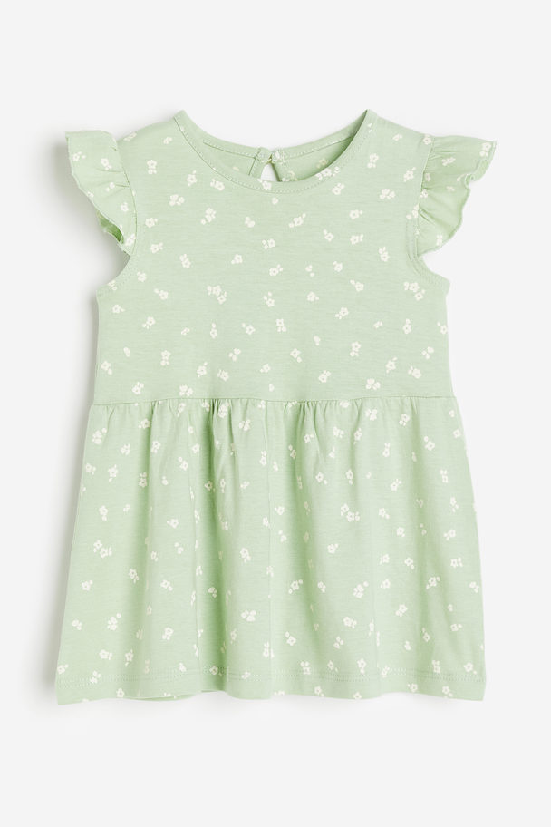 H&M Flounce-trimmed Jersey Dress Light Green/floral