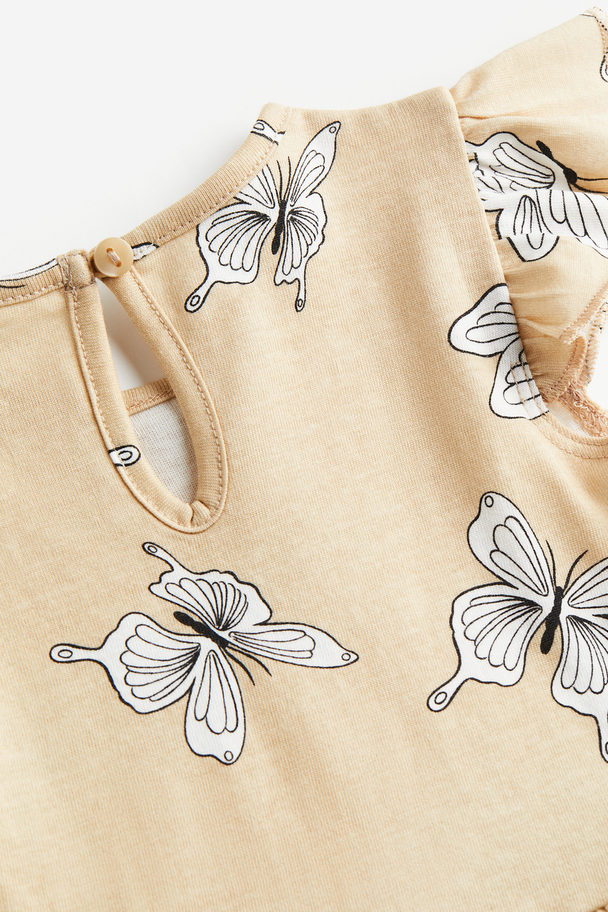 H&M Flounce-trimmed Jersey Dress Beige/butterflies