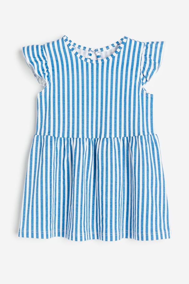 H&M Flounce-trimmed Jersey Dress Blue/striped