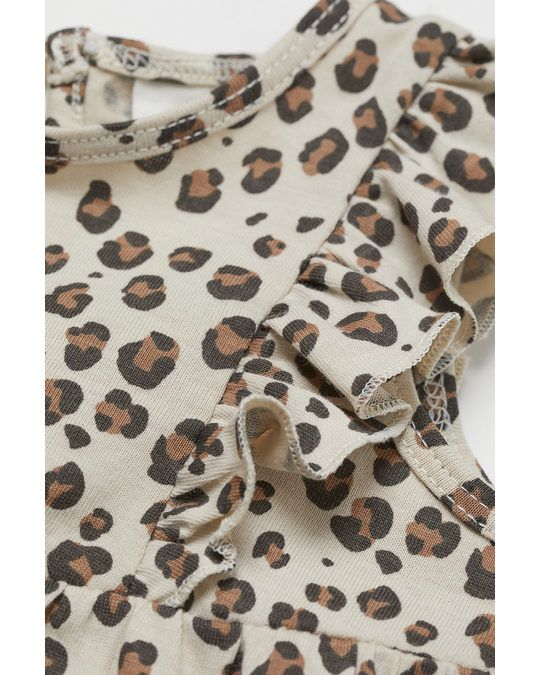 H&M Flounce-trimmed Jersey Dress Light Beige/leopard Print