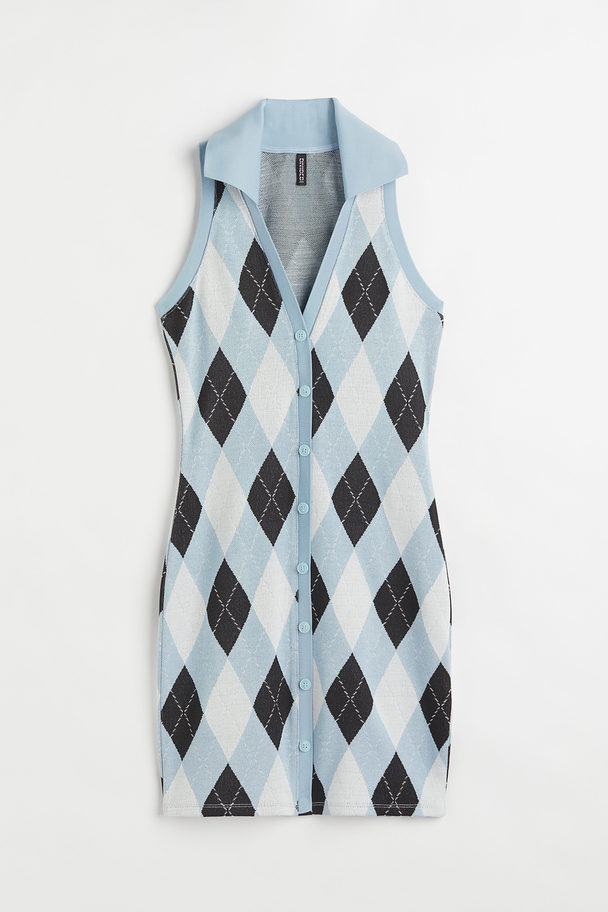 H&M Kleid aus Jacquardstrick Hellblau/Argylemuster