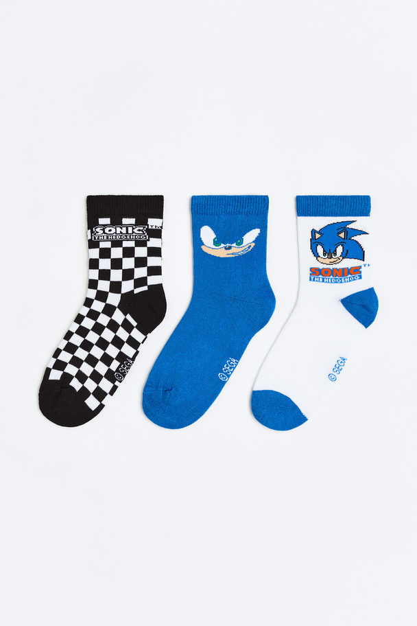 H&M 3er-Pack Socken mit Motiv Knallblau/Sonic der Igel