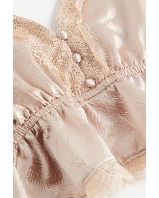 H&M Lace-trimmed Sleeveless Satin Top Powder Beige