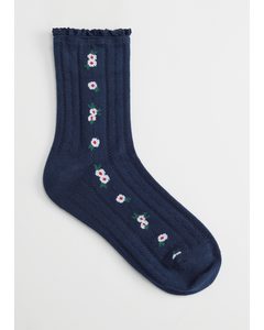 Frilled Floral Embroidery Socks Dark Blue
